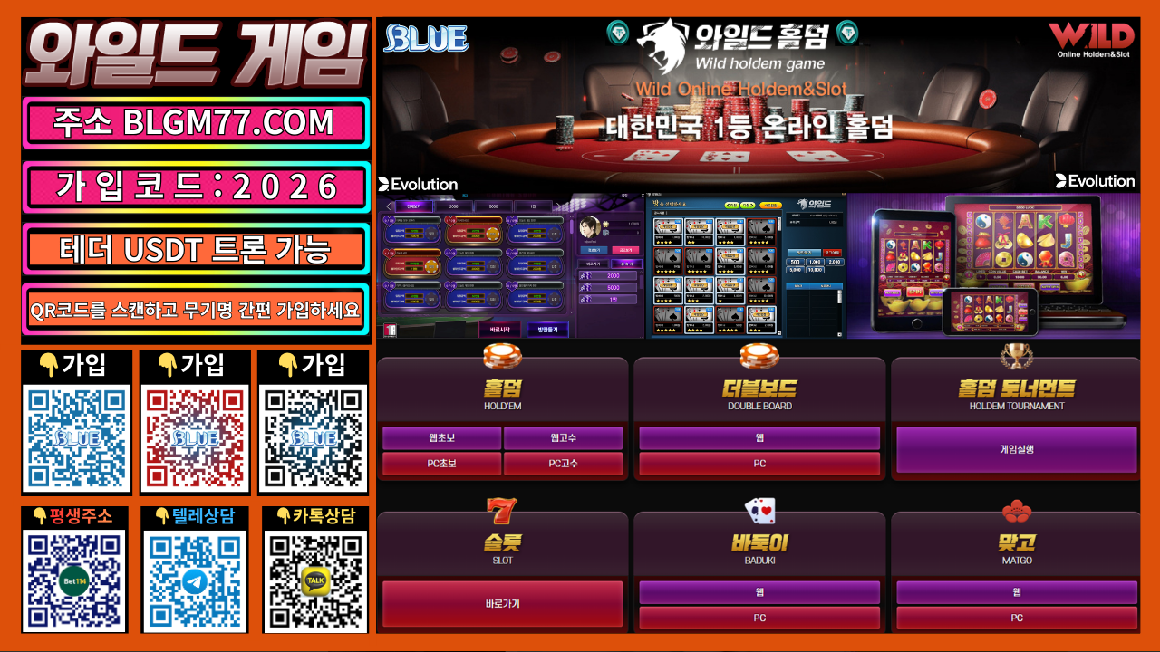 ❤️와일드홀덤 카지노 2026년 추천❤️슬롯과 홀덤 바둑이 모두 가능한 최고의 게임 플랫폼!❤️테더 USDT 가능!❤️